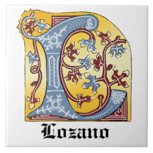 Mediaeval Blue and Red Ivy Illuminated Letter L Ceramic Tile