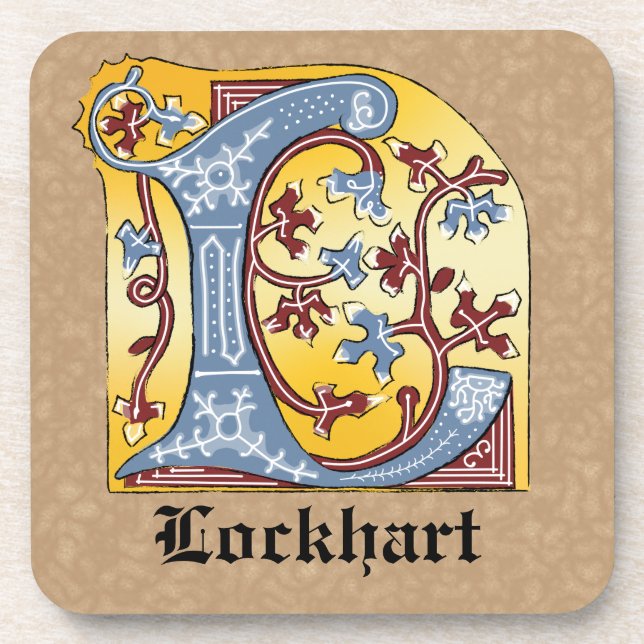 Mediaeval Blue and Red Ivy Illuminated Letter L Coaster (Front)