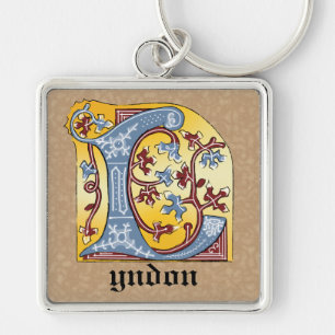 Mediaeval Blue and Red Ivy Illuminated Letter L Key Ring