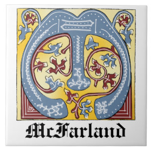 Mediaeval Blue and Red Ivy Illuminated Letter M Ceramic Tile