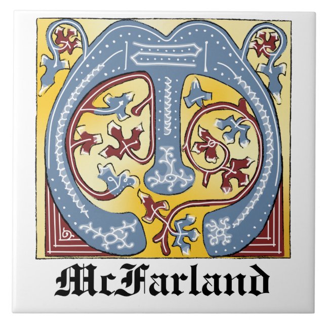 Mediaeval Blue and Red Ivy Illuminated Letter M Ceramic Tile (Front)