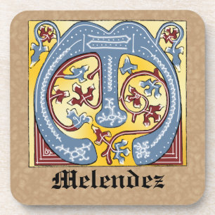 Mediaeval Blue and Red Ivy Illuminated Letter M Coaster