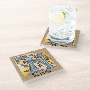 Mediaeval Blue and Red Ivy Illuminated Letter N Glass Coaster