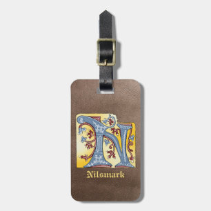 Mediaeval Blue and Red Ivy Illuminated Letter N Luggage Tag
