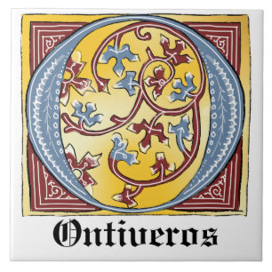 Mediaeval Blue and Red Ivy Illuminated Letter O Ceramic Tile