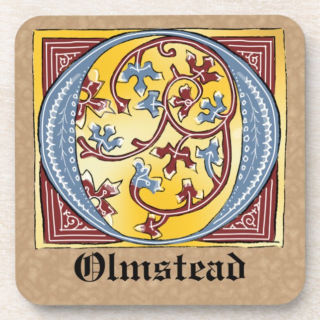 Mediaeval Blue and Red Ivy Illuminated Letter O Coaster (Front)