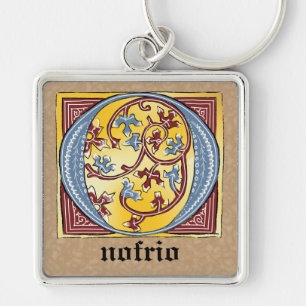 Mediaeval Blue and Red Ivy Illuminated Letter O Key Ring
