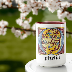 Mediaeval Blue and Red Ivy Illuminated Letter O Mug