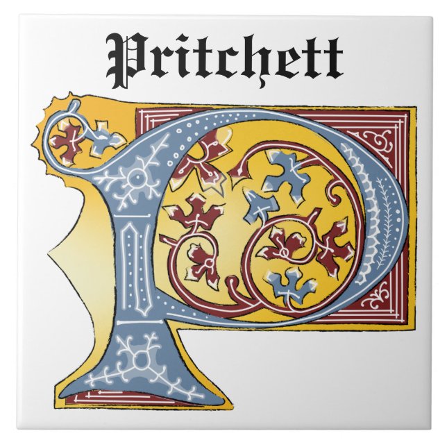 Mediaeval Blue and Red Ivy Illuminated Letter P Ceramic Tile (Front)