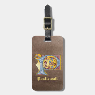 Mediaeval Blue and Red Ivy Illuminated Letter P Luggage Tag