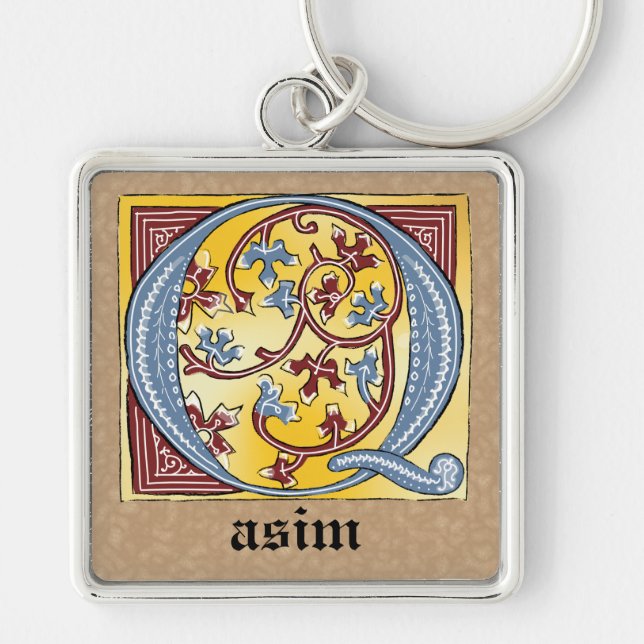 Mediaeval Blue and Red Ivy Illuminated Letter Q Key Ring (Front)