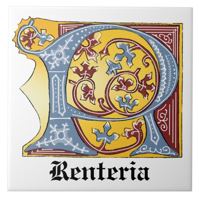 Mediaeval Blue and Red Ivy Illuminated Letter R Ceramic Tile (Front)