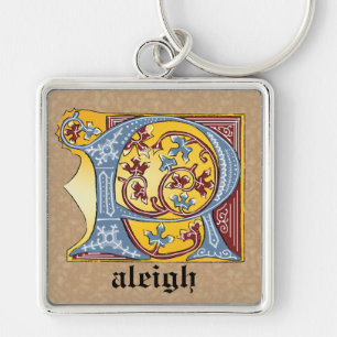 Mediaeval Blue and Red Ivy Illuminated Letter R Key Ring