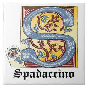 Mediaeval Blue and Red Ivy Illuminated Letter S Ceramic Tile