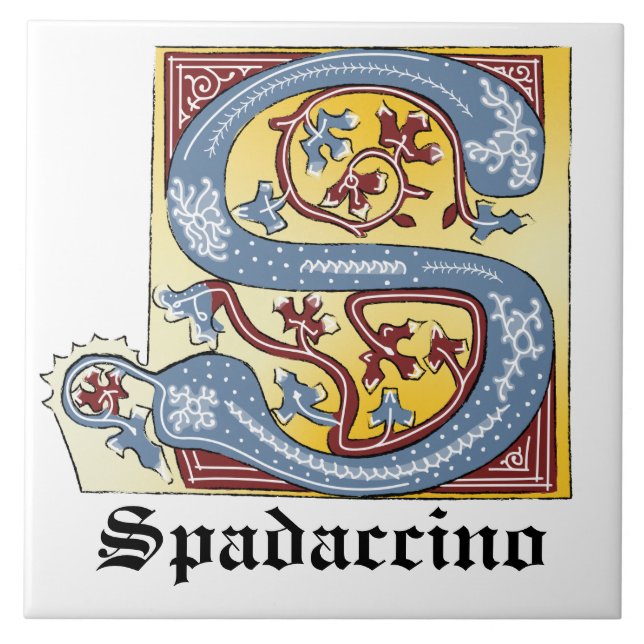 Mediaeval Blue and Red Ivy Illuminated Letter S Ceramic Tile (Front)