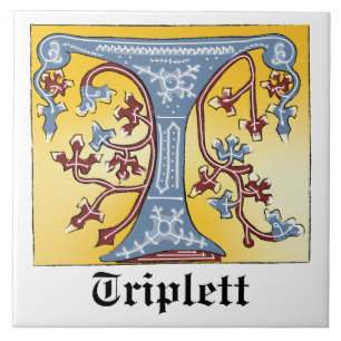 Mediaeval Blue and Red Ivy Illuminated Letter T Ceramic Tile