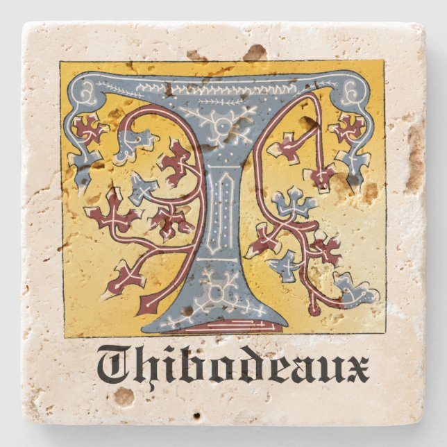 Mediaeval Blue and Red Ivy Illuminated Letter T Stone Coaster (Front)