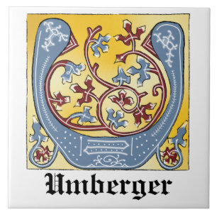 Mediaeval Blue and Red Ivy Illuminated Letter U Ceramic Tile