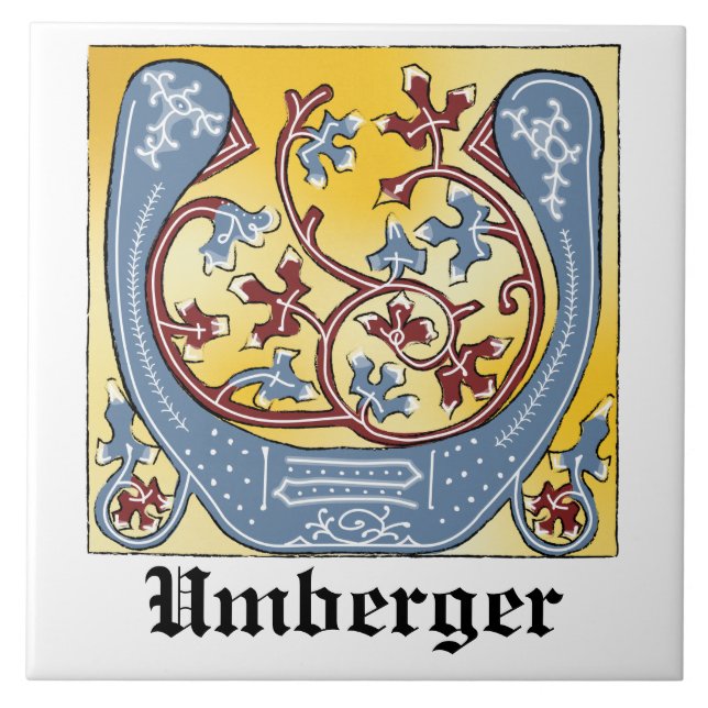 Mediaeval Blue and Red Ivy Illuminated Letter U Ceramic Tile (Front)