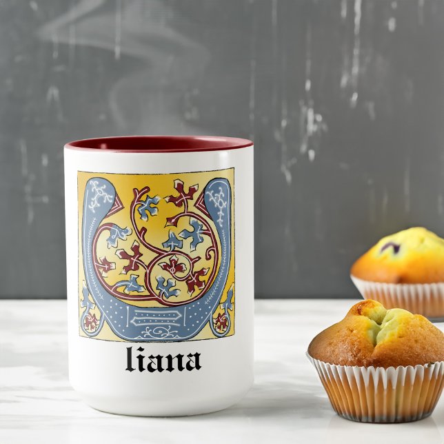 Mediaeval Blue and Red Ivy Illuminated Letter U Mug (Creator Uploaded)