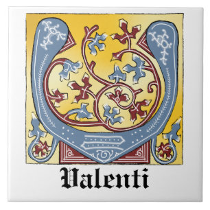 Mediaeval Blue and Red Ivy Illuminated Letter V Ceramic Tile