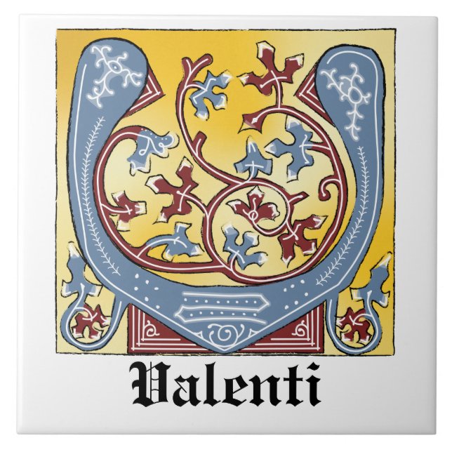 Mediaeval Blue and Red Ivy Illuminated Letter V Ceramic Tile (Front)