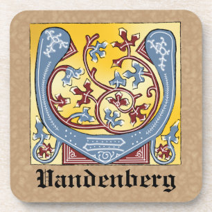 Mediaeval Blue and Red Ivy Illuminated Letter V Coaster