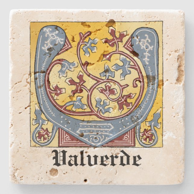 Mediaeval Blue and Red Ivy Illuminated Letter V Stone Coaster (Front)
