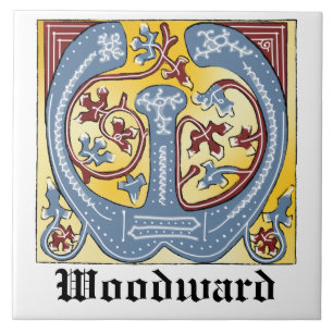 Mediaeval Blue and Red Ivy Illuminated Letter W Ceramic Tile