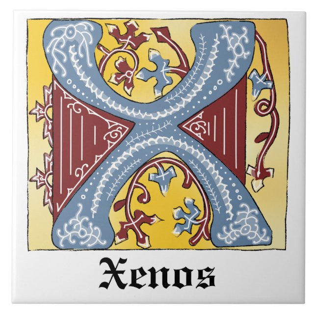 Mediaeval Blue and Red Ivy Illuminated Letter X Ceramic Tile (Front)