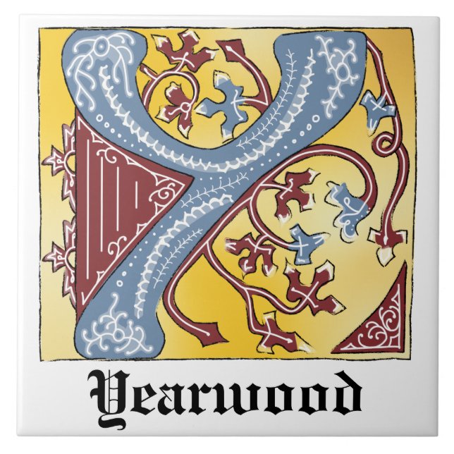 Mediaeval Blue and Red Ivy Illuminated Letter Y Ceramic Tile (Front)