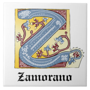 Mediaeval Blue and Red Ivy Illuminated Letter Z Ceramic Tile