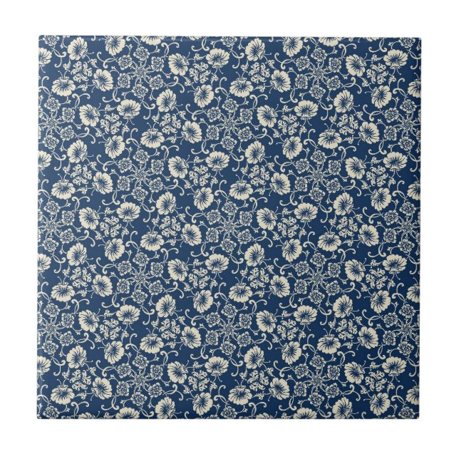 Mediaeval Blue Floral Design Ceramic Tile (Front)