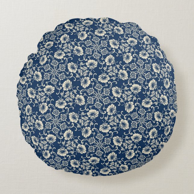 Mediaeval Blue Floral Design Round Cushion (Front)