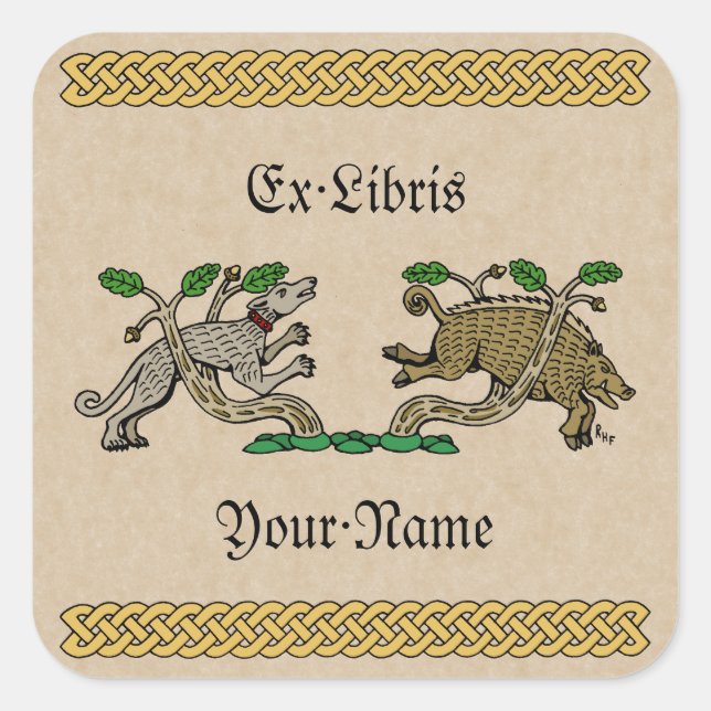 Mediaeval Boar Hunt Bookplate Square Sticker (Front)
