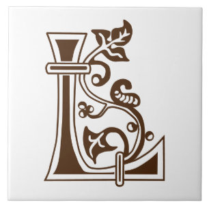 Mediaeval Botanical Decorative Capital L Ceramic Tile