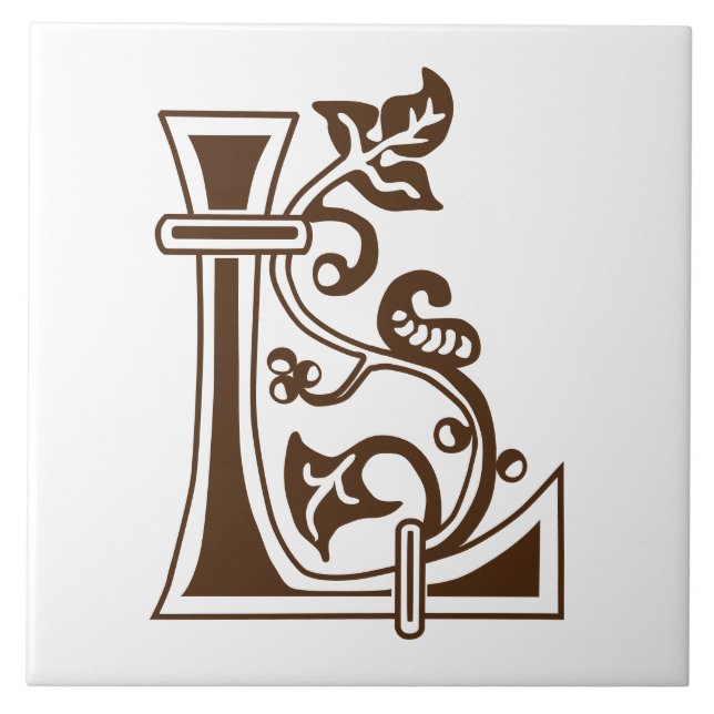 Mediaeval Botanical Decorative Capital L Ceramic Tile (Front)