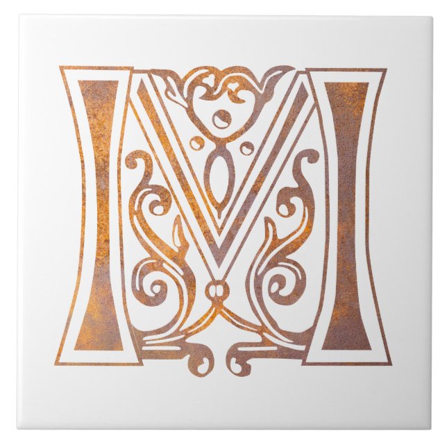 Mediaeval Botanical Decorative Capital M Ceramic Tile (Front)