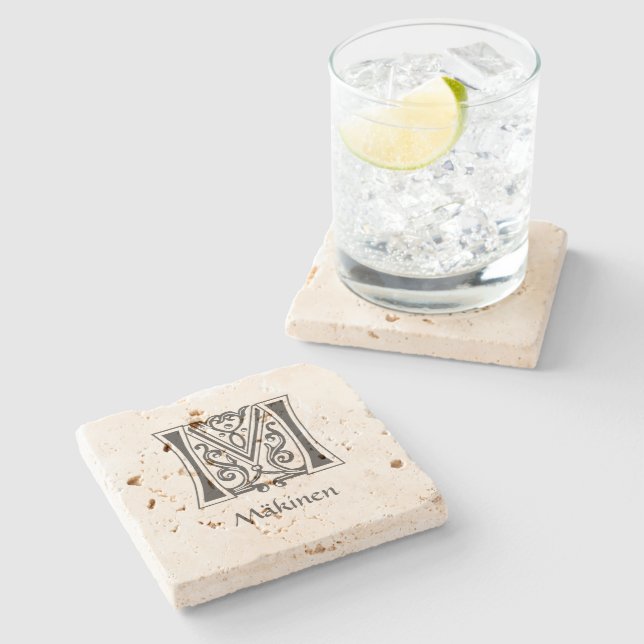 Mediaeval Botanical Decorative Capital M Stone Coaster (Side)