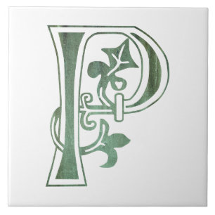 Mediaeval Botanical Decorative Capital P Ceramic Tile