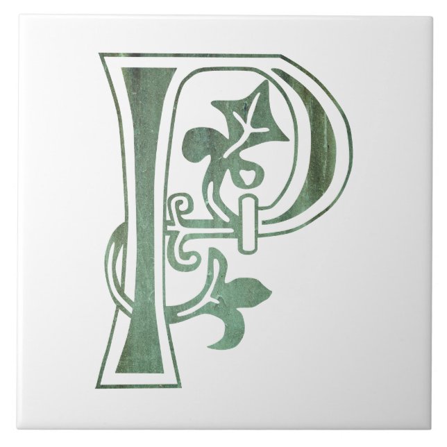 Mediaeval Botanical Decorative Capital P Ceramic Tile (Front)