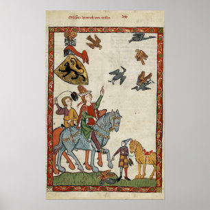Mediaeval Boys on horseback with birds Poster