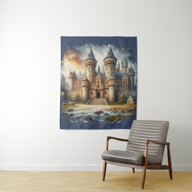 Mediaeval Castle at Sunset with Atmospheric Skies Tapestry (In Situ)