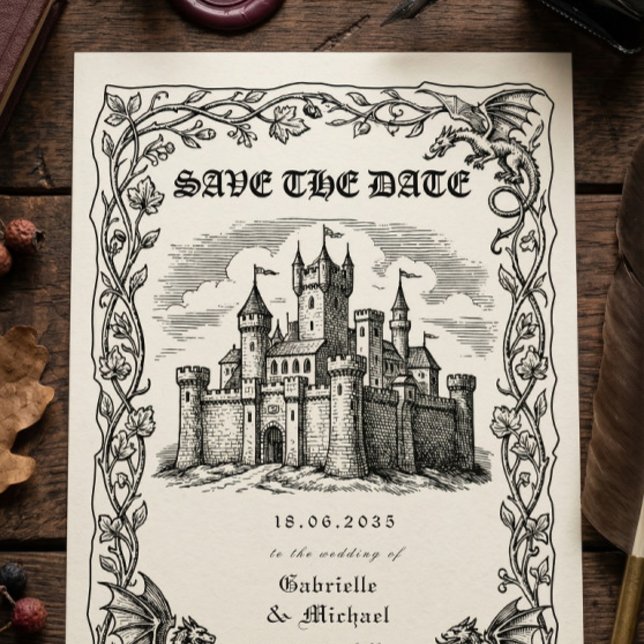 Mediaeval Castle Black White Illustration  Save The Date (Creator Uploaded)