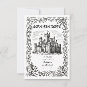 Mediaeval Castle Black White Illustration  Save The Date