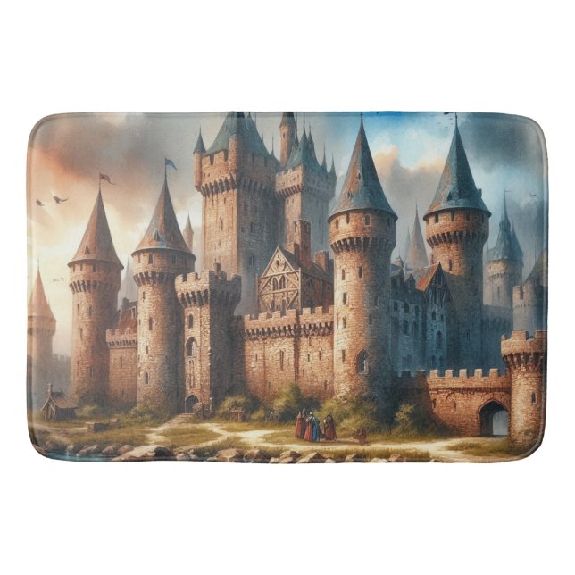 Mediaeval Castle by a Tranquil River at Sunset Bath Mat (Front)