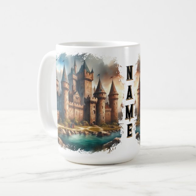 Mediaeval Castle by a Tranquil River at Sunset Coffee Mug (Front Left)