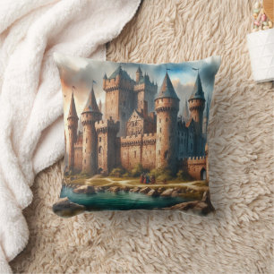 Mediaeval Castle by a Tranquil River at Sunset Cushion