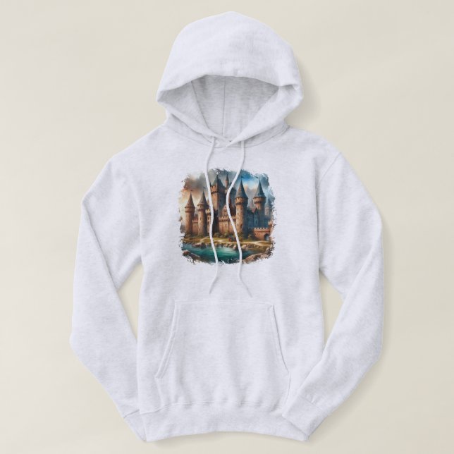 Mediaeval Castle by a Tranquil River at Sunset Hoodie (Design Front)