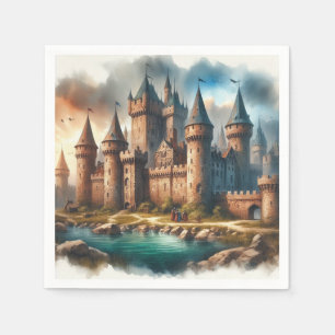 Mediaeval Castle by a Tranquil River at Sunset Napkin